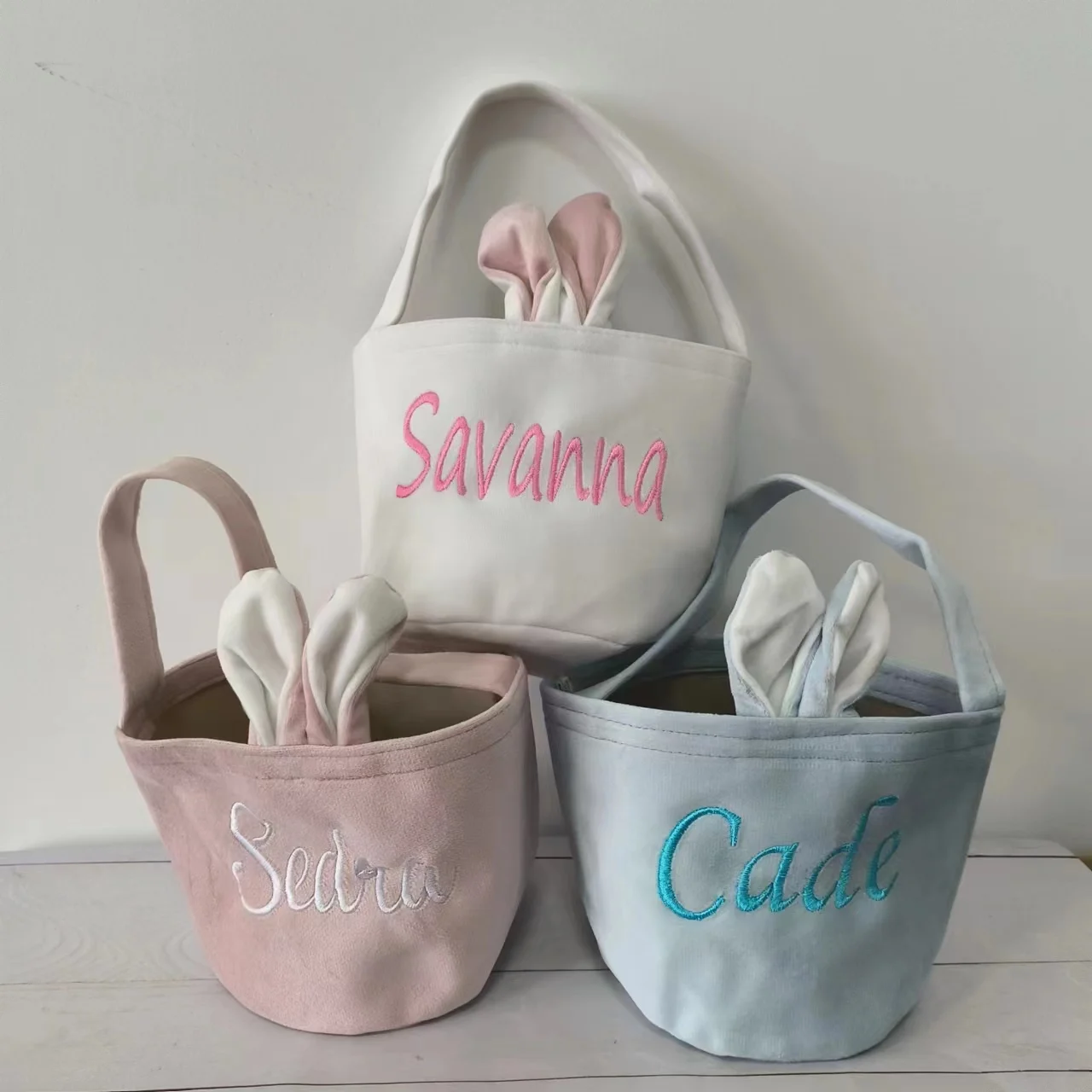 Customized Easter Bunny Soft Easter Baskets Embroidered Custom Name Easter Supplies Kids Gift Candy Bag Happy Easter Basket Bag