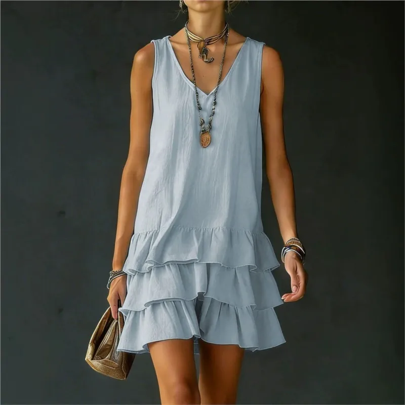 

Temperament Solid Women's Mini Dress Summer Fashion Splicing Design V-neck Sleeveless Dresses Ladies Comfort Holiday Vestidos