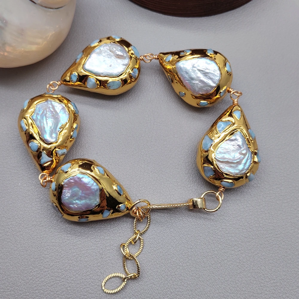 Y·YING Cultured White Teardrop Pearl Gemstone Larimar Beaded Bracelet