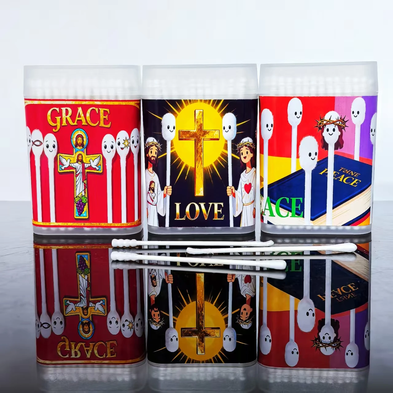 300 قطعة من مسحات القطن الإبداعية I Love Jesus، براعم قطنية برأسين ذات ضوء ديني، مسحات قطنية هدية يسوع الثناء