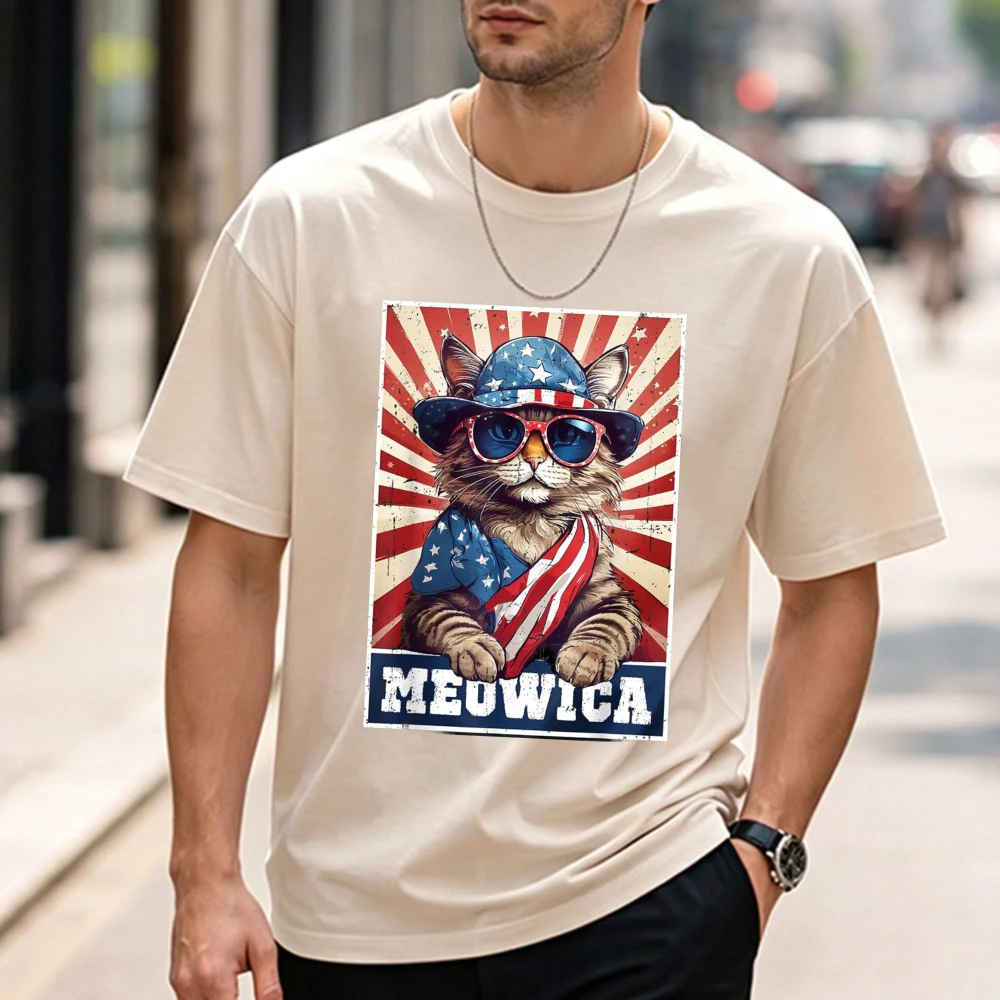 Meowica 4th of July Cat  US Flag Funny 4th of July Cat T-Shirt Harajuku Mens T Shirts Graphic T Shirts Streetwear Breathable Tee