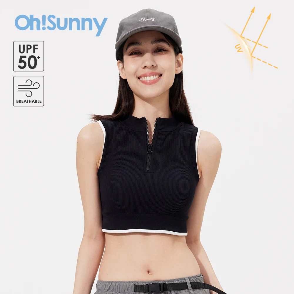 OhSunny Summer Crop Tops Women Sunscreen Fashion Slim Half Zipper Sports Fitness Tanks Sleeveless Knitted Short Yoga Vest