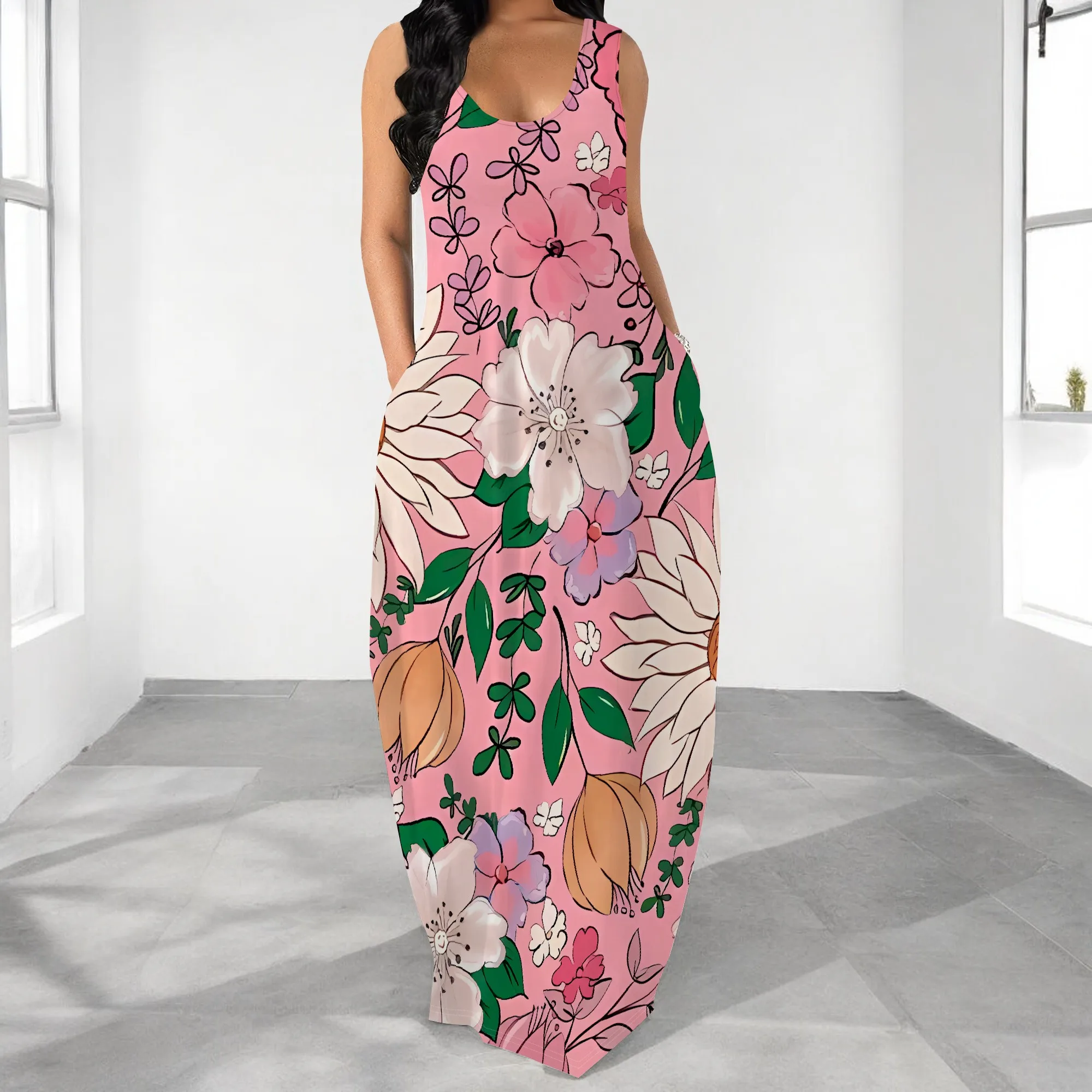 

Nupusa Floral Print Dress for Women Summer Casual Sleeveless Pocketed Maxi Dress