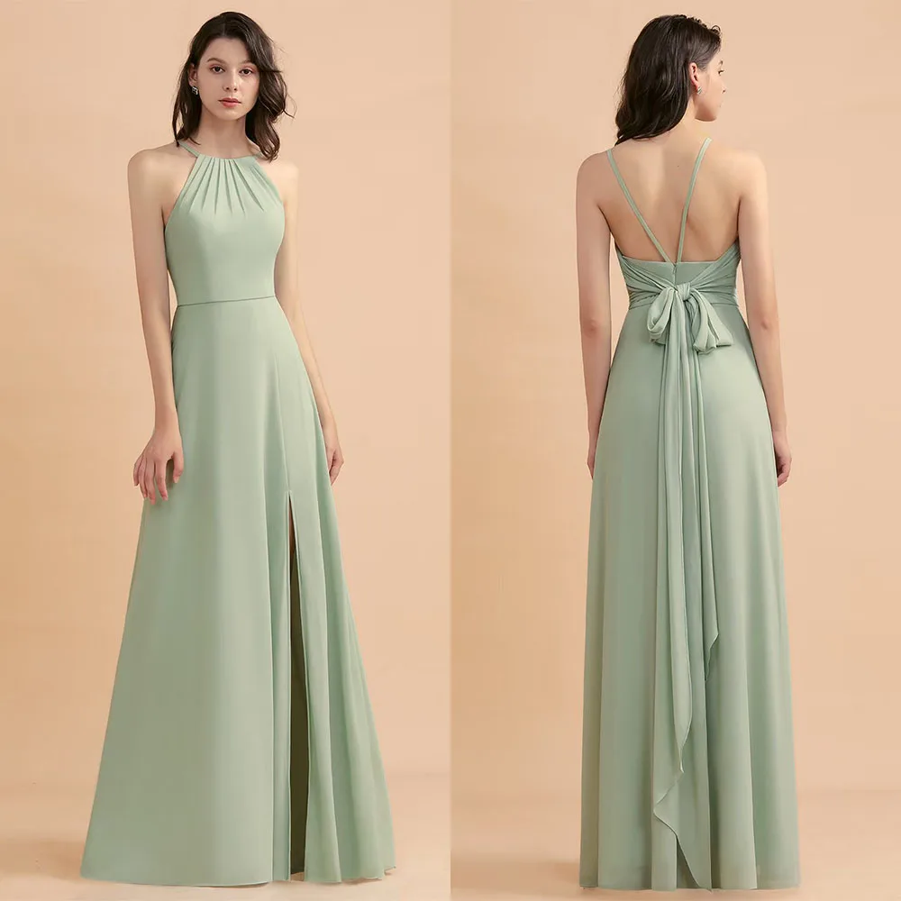 

High Quality Customized Halter Green Floor Length High Fork Bow Backless Pleat Vestidos Elegantes Para Mujer فساتين حفلات Платье