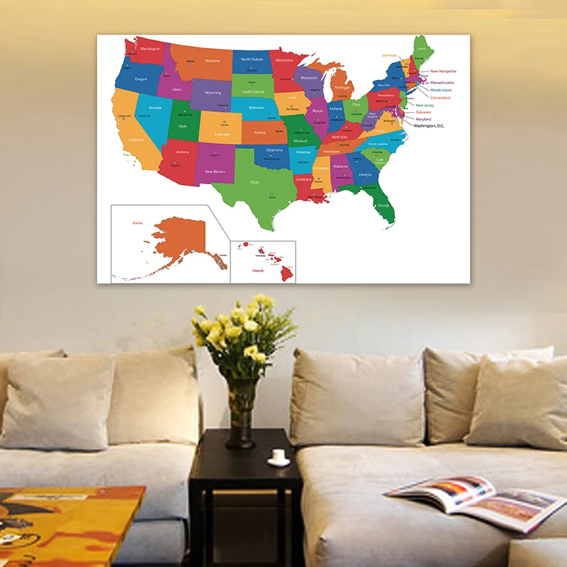 Pósteres e impresiones de arte de pared con mapa de Estados Unidos, pinturas en lienzo no tejidas, decoración del hogar para sala de estar, suministros escolares, 225x150cm