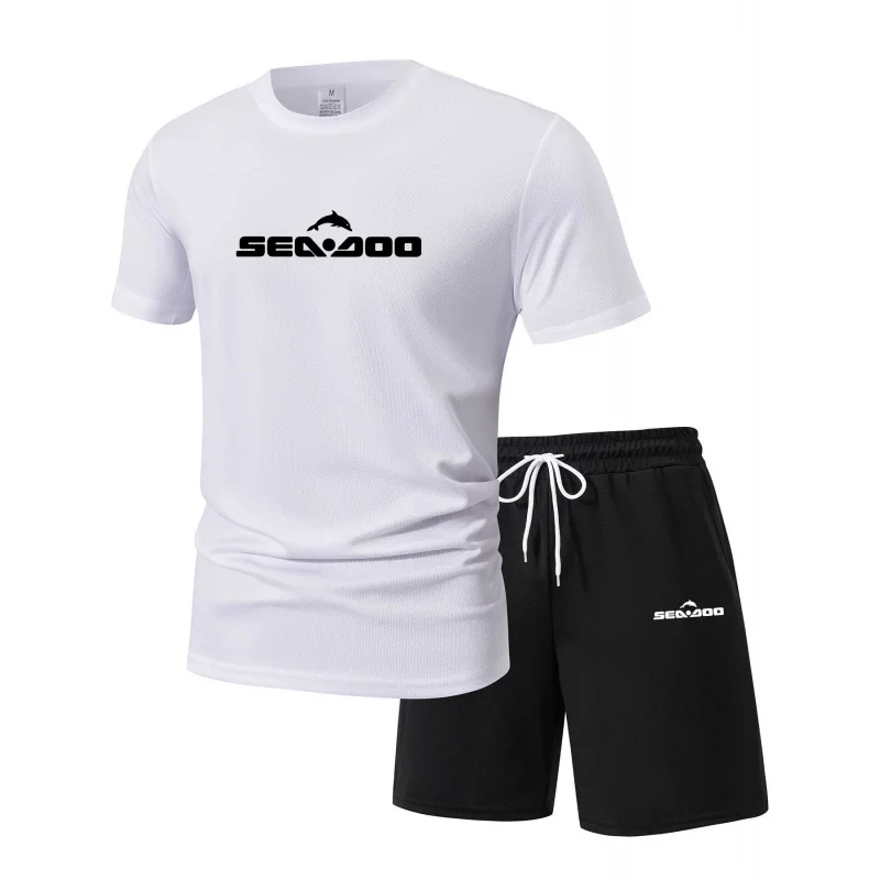 Sea Doo Seadoo Moto Printed Men's Running T-Shirt And Shorts Set Casual Elastic round Neck Sports Suit Quick Dry Comfortable