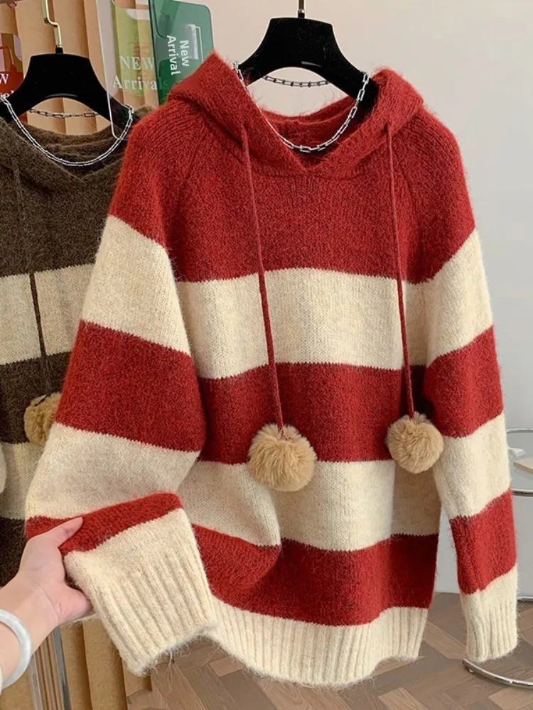 

Loose Fit Korean Style Color Block Striped Hoodie Sweater Women's Autumn Winter Thick Knitted Top Casual Comfortable Streetwear