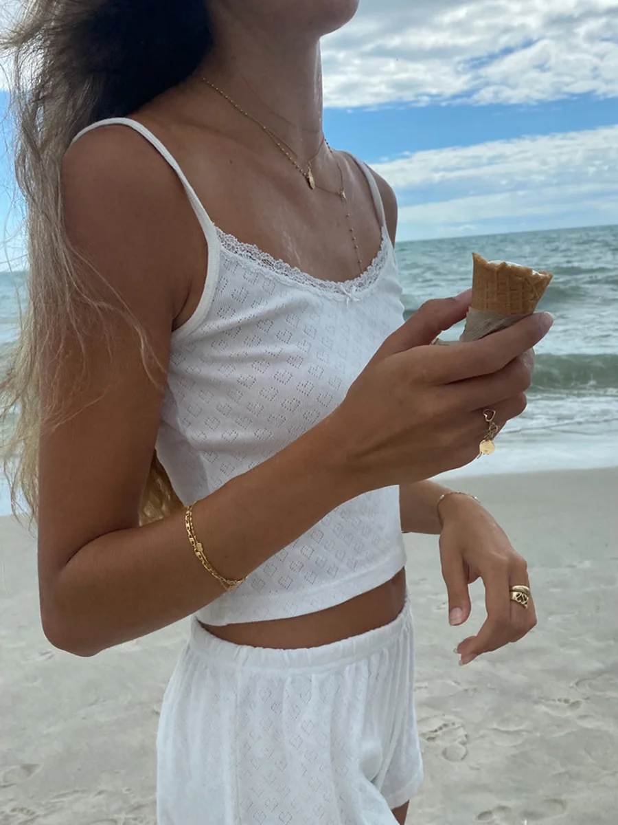 Chic Heart Hollow Out Tank Tops Women 2023 Summer Fashion Lace Bow Ribbed Camis Blouses Sweet Girls Cotton Soft Crop Top Y2k
