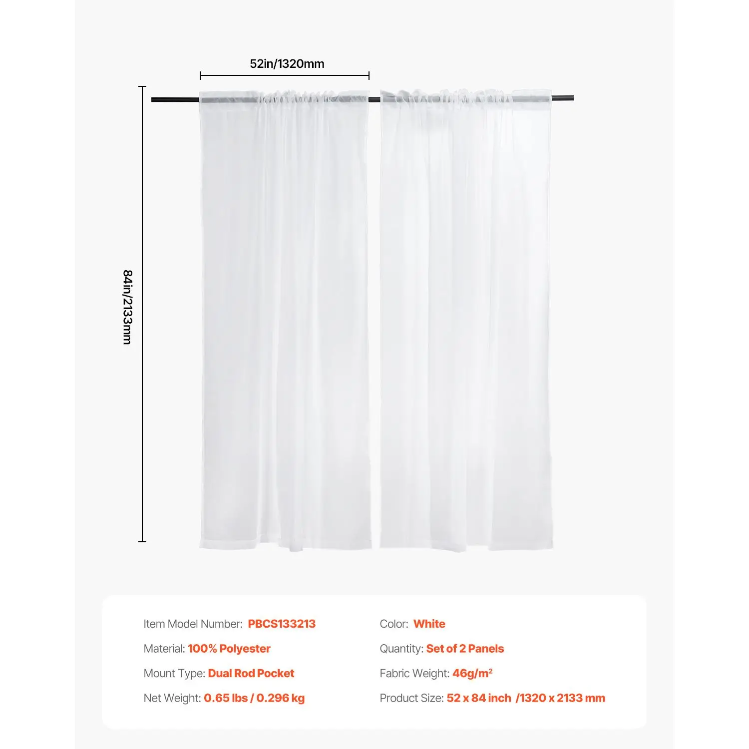 Sheer Curtains, 84 inches Long, 2 Panels Set Sheer White Curtains, Each 52