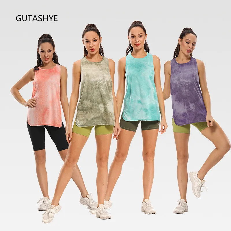 Gutashye Womens Sports Tank Vest Sleeveless Workout Tank Top Quick Dry Tie Dye Loose Fit Racerback Yoga Athletic Running Shirts