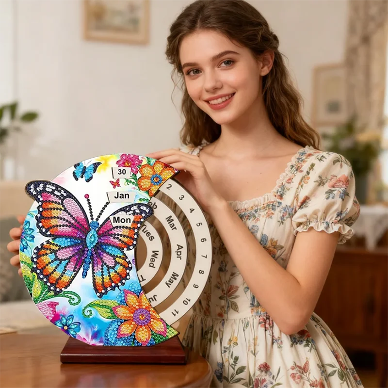 

Wooden Special Shaped Flower Animal Butterfly Diamond Painting Calendar Ornament 5D DIY Manual Rotating Calendar for Home Decor