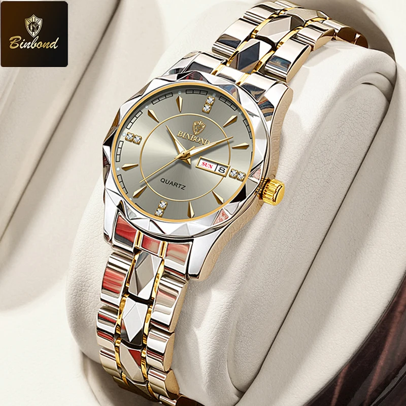 Binbong-女性用ステンレススチールクォーツ腕時計,女性用腕時計,防水,発光,日付,高級品,ファッション,ガールフレンドや恋人へのギフト