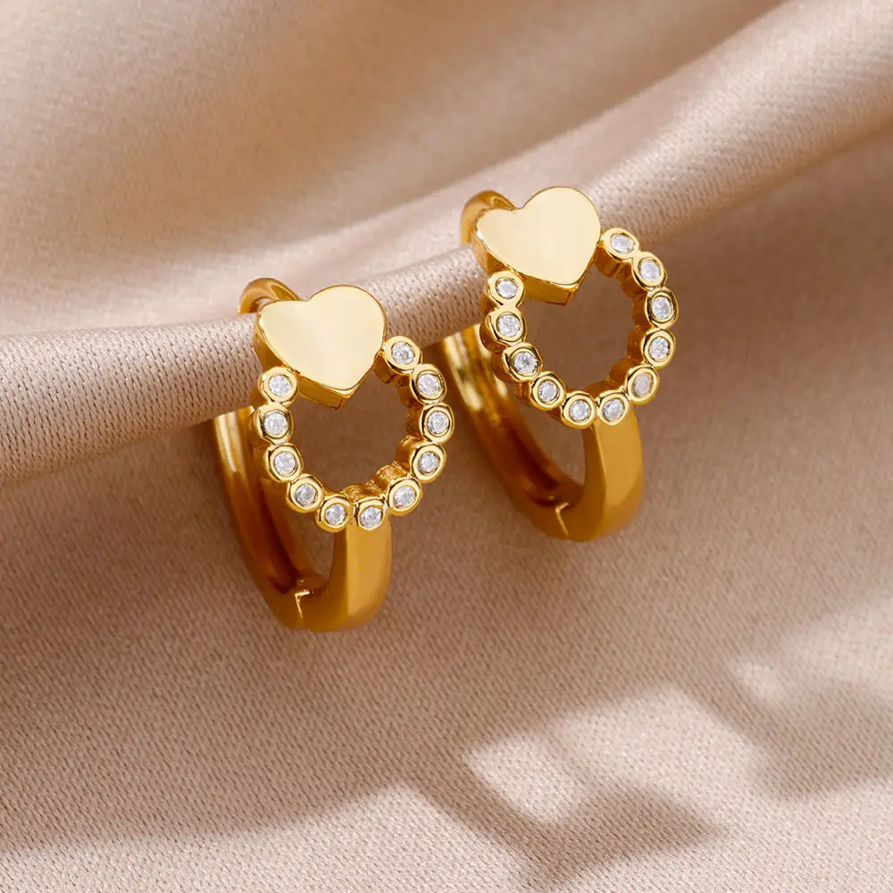 Vintage Zirconic Heart Hoop Earrings For Women Stainless Steel Gold Color Earrings Fashion Punk Jewelry pendientes mujer