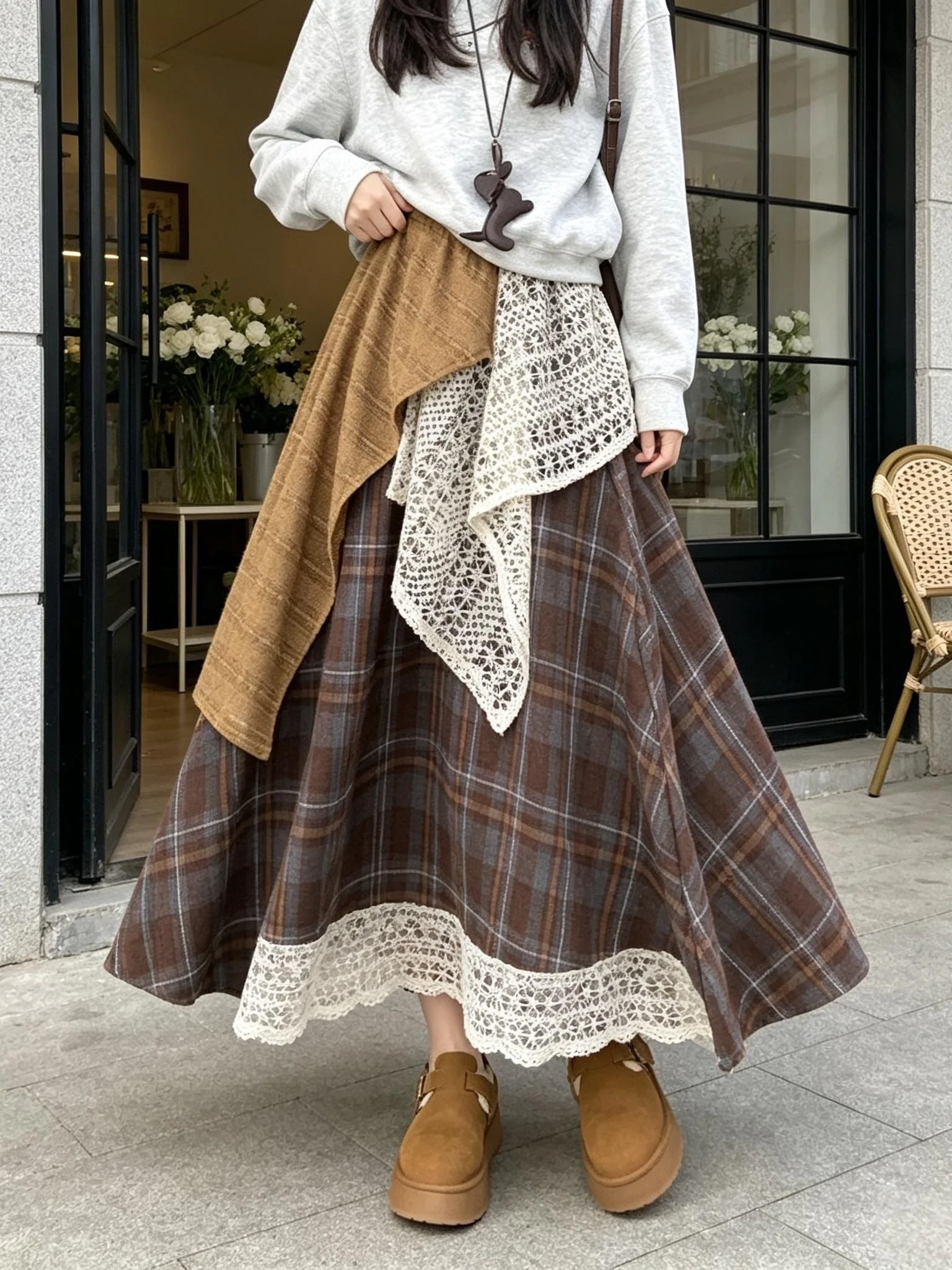 Retro Patchwork Style Lace A-Line  Skirt Women's Autumn Winter New High Waist Slimming Design Large Swing Long Skirt