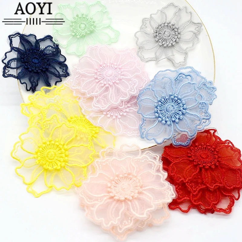 5PCS 6.5cm High Quality Organza Embroidery Lace Patch Trim Clothes 3D Flower Wedding Dress DIY Sew On Applique Decoration