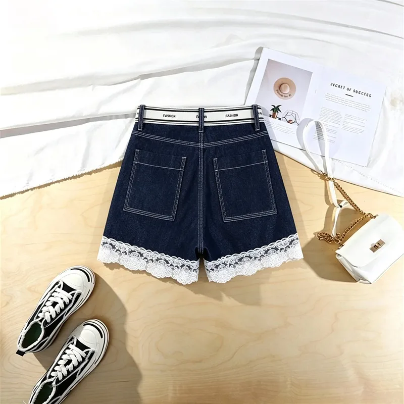 Summer New Women Spliced Lace Stretch Slim Fit Denim Shorts Elastic Waist Short Jeans view 3