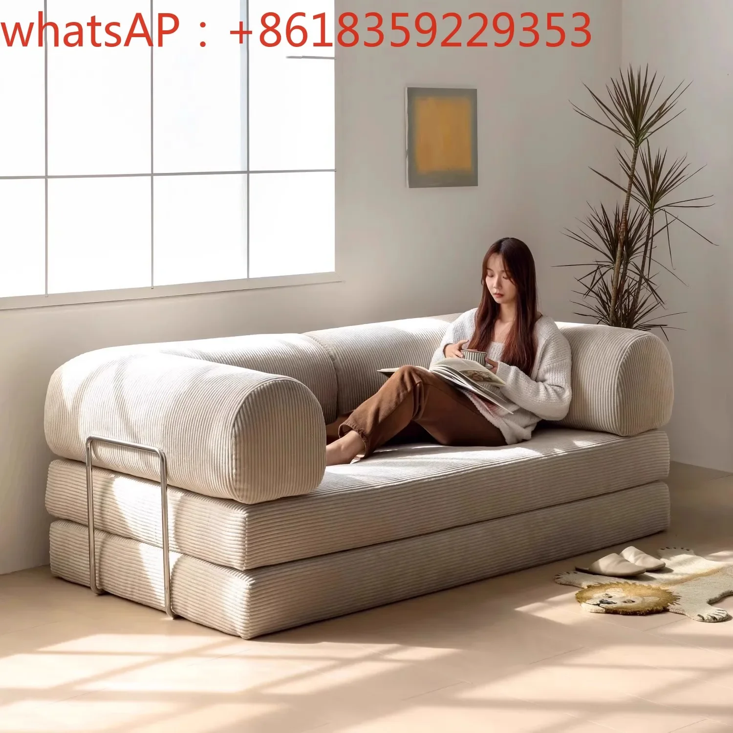 Ancient style French medium fabric sofa bed Small apartment Ji creamy fabric lazy compressible packaging sofa