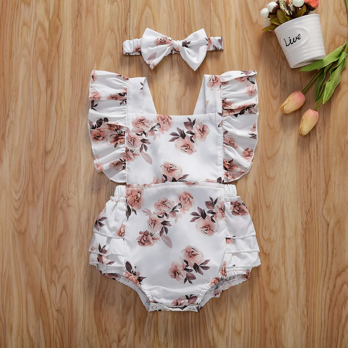 Baby Girls Romper Summer Infant Newborn Sleeveless Girls Floral Print Jumpsuit And Headdress Baby Cotton Clothes Outfits