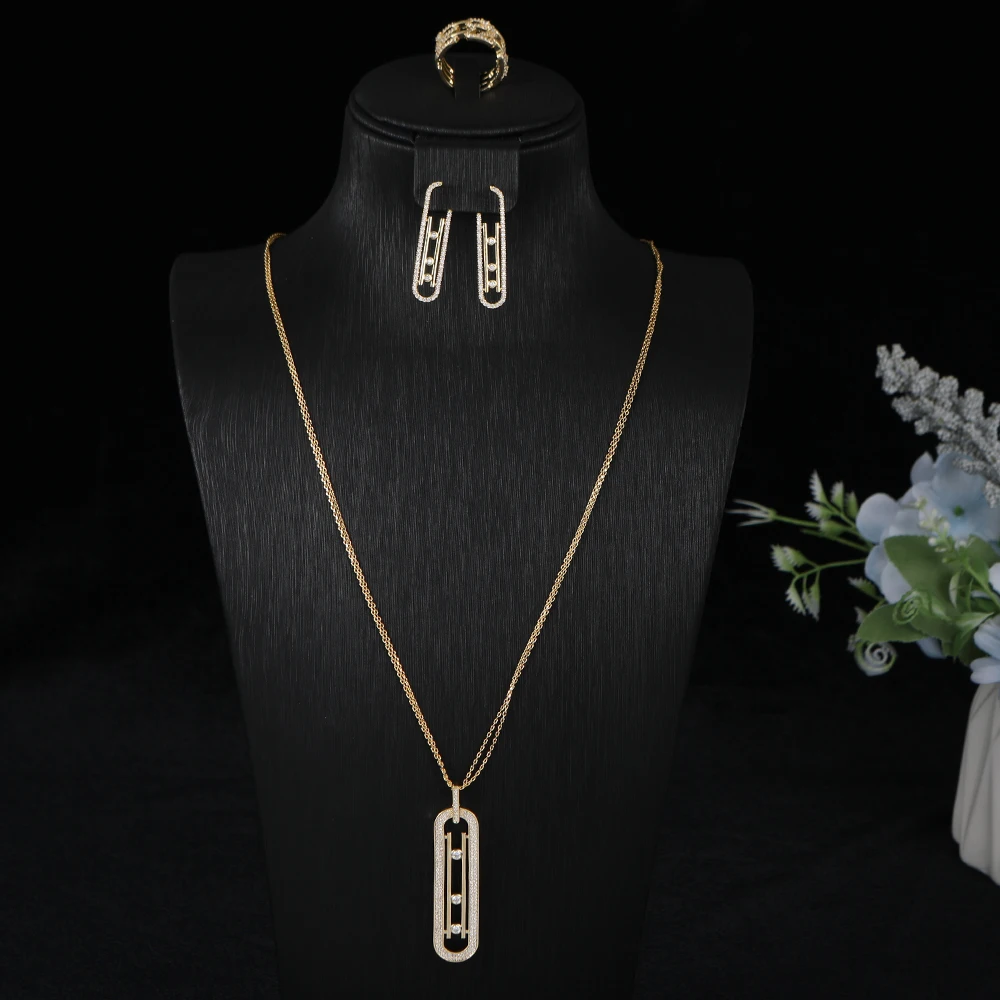 Luxury AAA Zircon Paper Clip Necklace Sweater Chain Earrings Ring Set For Women High Quality Party Wedding Jewelry S425