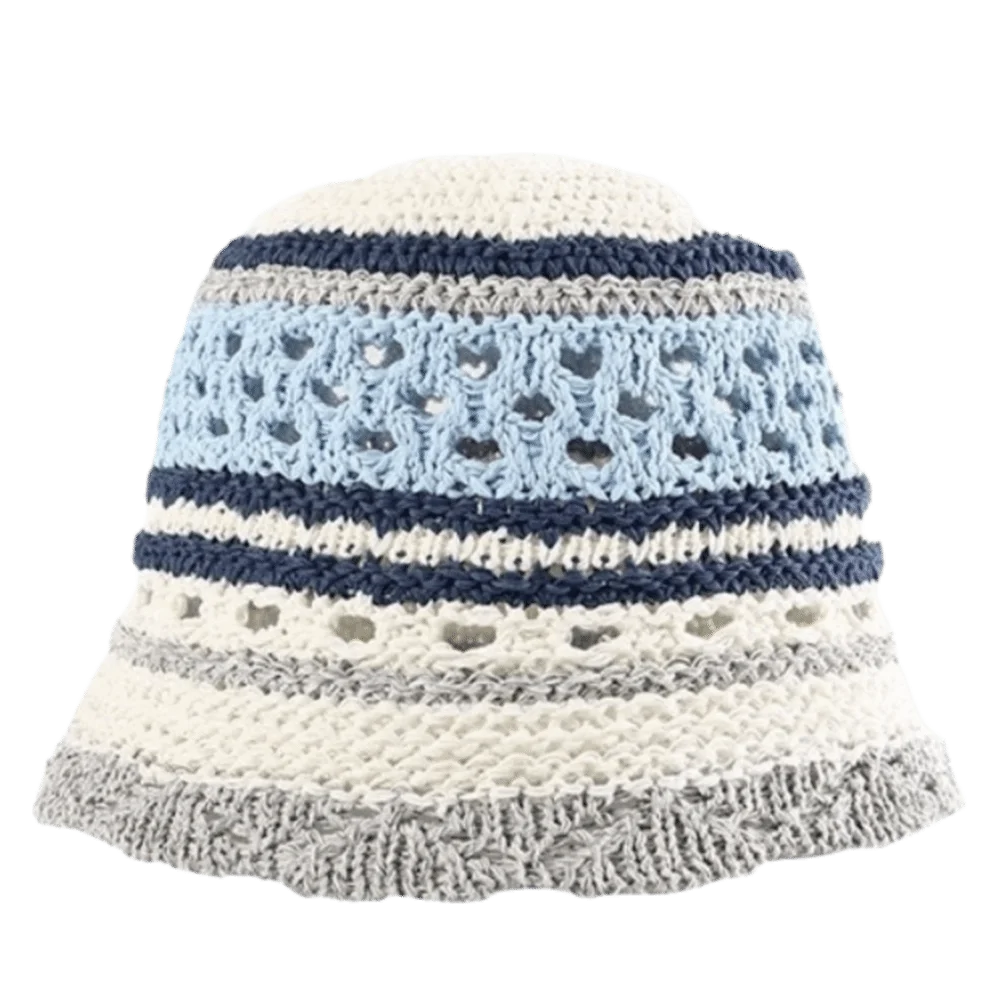 Beliebter gestreifter Bucket Hat mit breiter Krempe, atmungsaktiver, ausgehöhlter Häkel-Panama-Hut, Patchwork-Faltbarer Schalenhut, Unisex