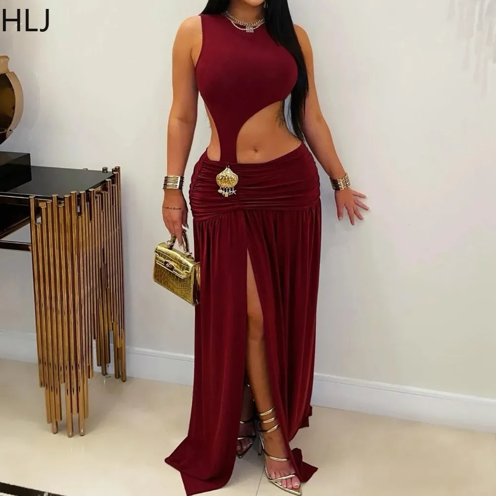 

HLJ Sexy Hollow-out Bodycon Dresses Woman Solid Color Sleeveless Ruched Patchwork Dress Female Party Clubwear Vestidos 2025 New