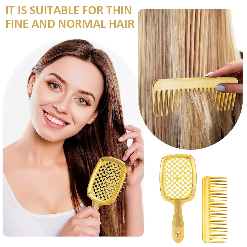 

2pcs Detangling Golden Hair Brush Set Wide Teeth Hairbrus Scalp Massage Hollow Out Comb Air Cushion Hair Styling Salon Tools