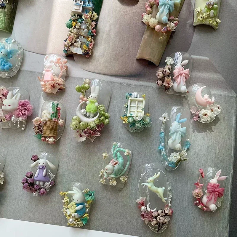 3 Stück 3D-Nagelkunstformen aus Silikon – niedliche Cartoon-Kaninchen-Mond-Kuchen-Blumen-Vorlagen für Acrylnägel, DIY-Maniküre-Design-Werkzeuge