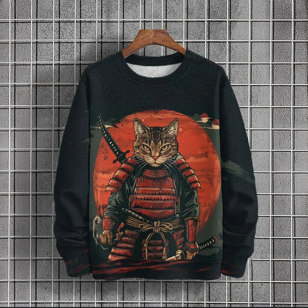 Japanese Style Sweatshirts For Men Samurai Cat Graphic Long Sleeved Printed Tee Fashion Street Hoodies Oversized Men's Clothing