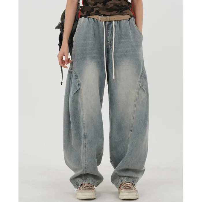 

Summer 2026 Chic Korean Style Loose Fit Vintage Washed Patchwork Workwear Denim Pants Elastic Waist Casual Cotton Jeans