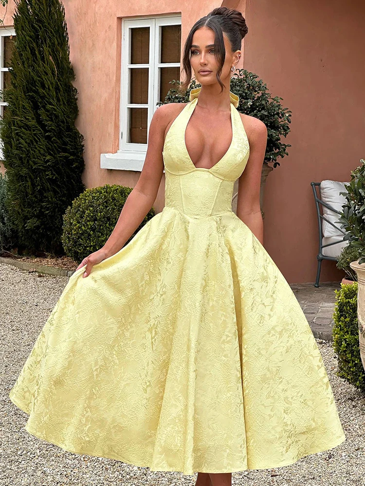 

Jacquard A Line Pleated Maxi Dresses Women Summer V Neck Sleeveless Halter Slim Sexy Dresses Elegant Evening Party Long Dress