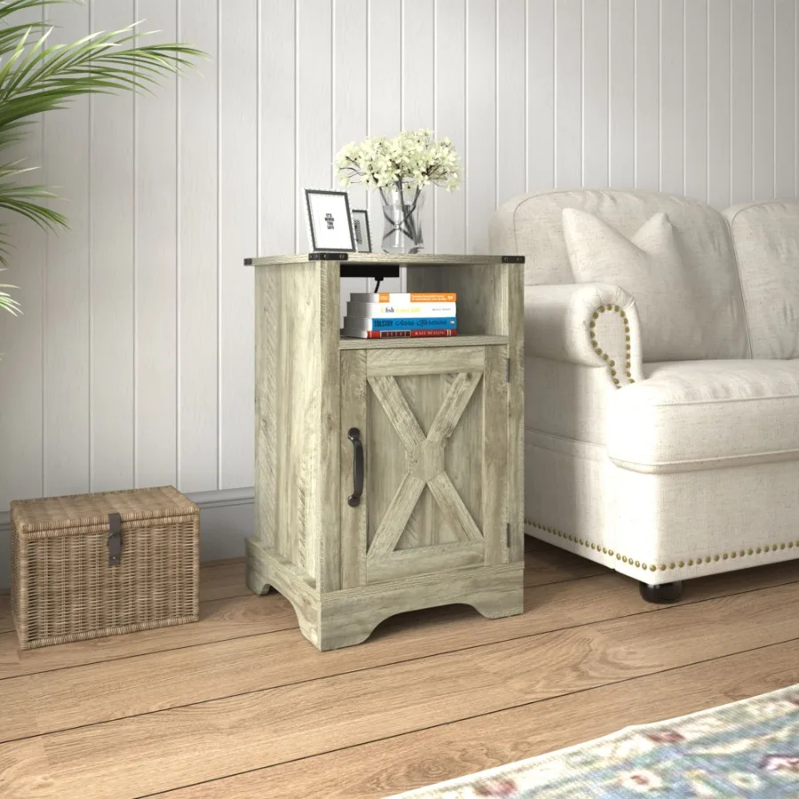 Farmhouse Nightstand Side Table Wooden Rustic End Table Tall Bedside Table with Electrical Outlets Charging Station Light Grey