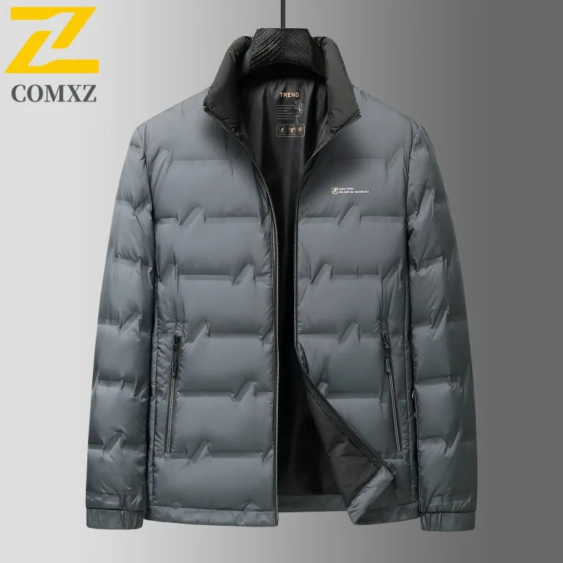 COMXZ Mens Short Down Jacket Premium Stand Collar Outdoor Cycling Lightweight Parka Solid Color Camping Warm Winter Garment