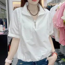 Minimalist 2024 Summer New Women's Pullovers Turn-down Collar Zipper Pockets Short Sleeve Loose Shirring Drawstring T-shirt Tops