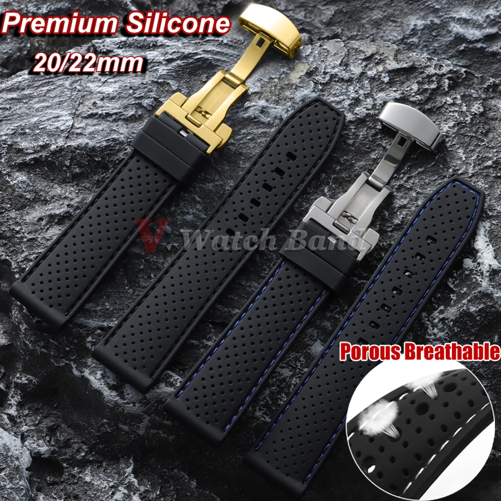 Soft Silicone Rubber Watch Strap 20mm 22mm Butterfly Buckle Sport Waterproof Breathable Wrist Band for Seiko for Omega Bracelet