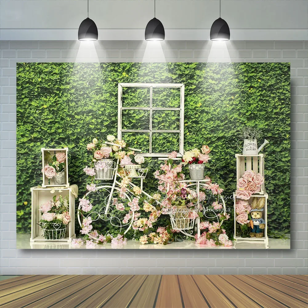 الربيع الأخضر العشب جدار صندوق خشبي ديكور خلفية الوليد كعكة سحق التصوير الأزهار دراجة الدعائم الطفل استوديو الصور