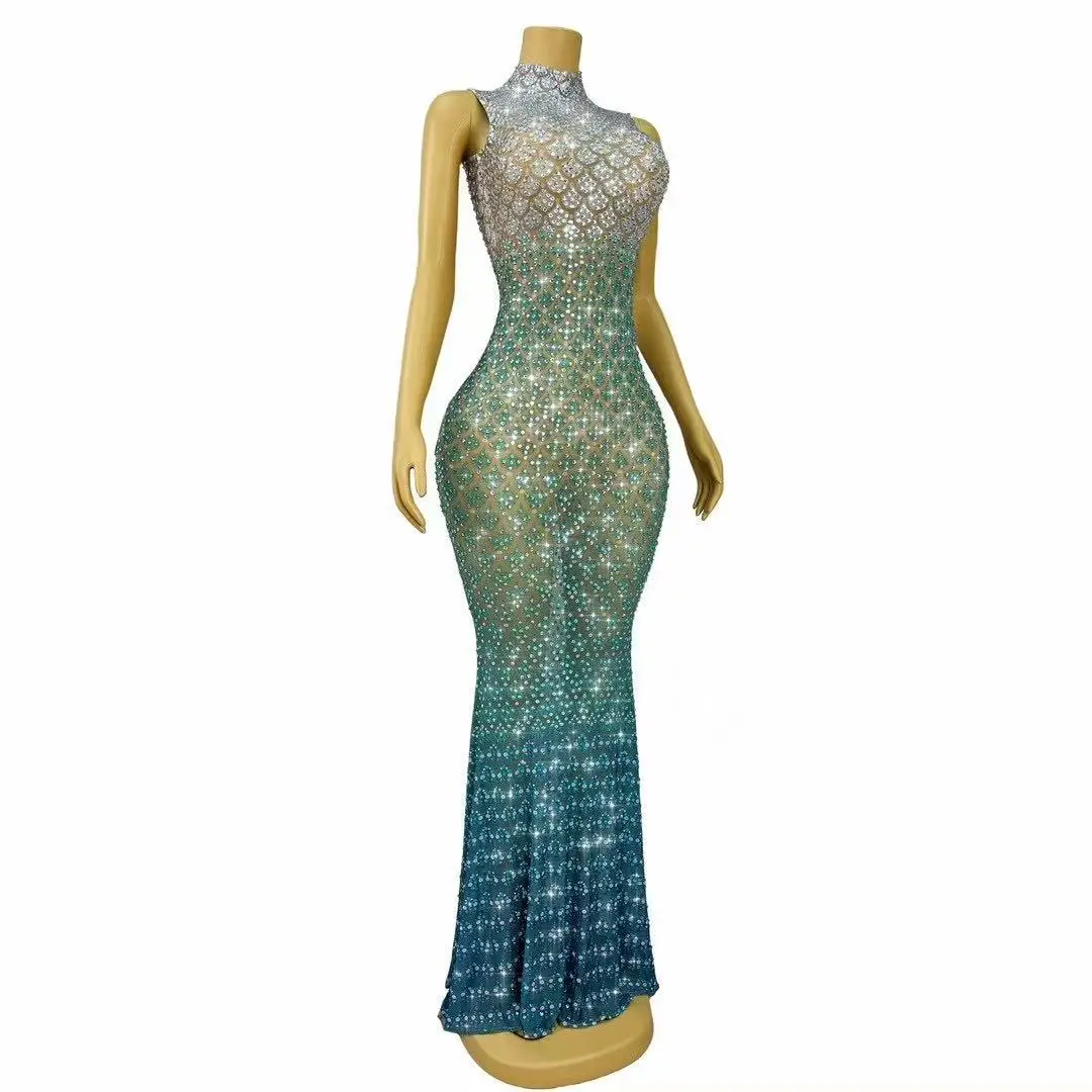 Sparkly Strass Mouwloze Lange Jurk Vrouwen Mesh Transparante Avond Prom Verjaardag Zeemeermin Jurk Fotoshoot Stadium Slijtage
