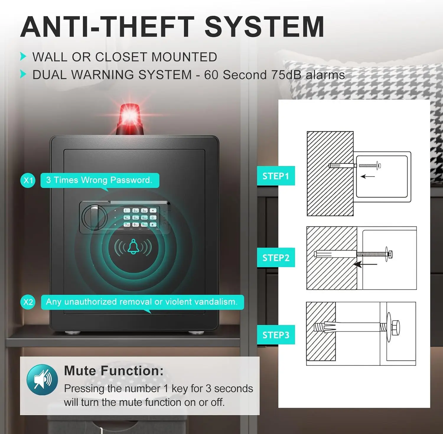 Safe Box with Pistol Rack, Fireproof Waterproof Bag, Large Digital Safe with Dual Alarm System, Removable Shelf for Home, Hotel,