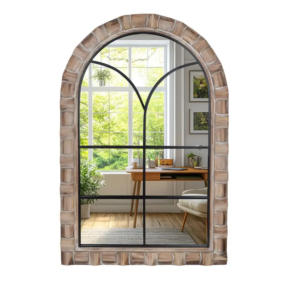 

inches Window Pane Arched Wall Mirrors, Dark Wood Farmhouse Arch Mirror Decorative for Living Room, Bathroom Over Sink, Entryway