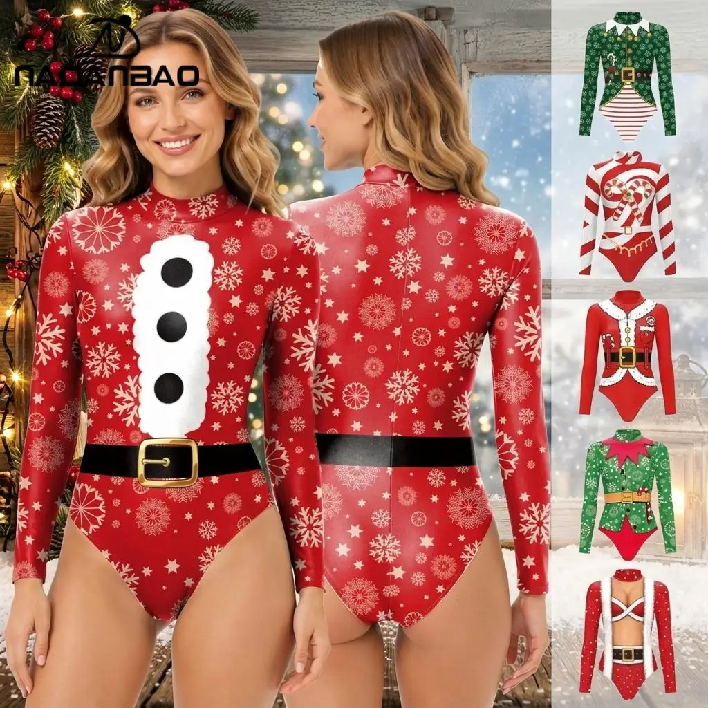 Nadanbao Christmas Candy Cane Print Swimwear Long Sleeve Bodysuit O-Neck Triangle One-piece Swimsuit Red Green Party Beachwear