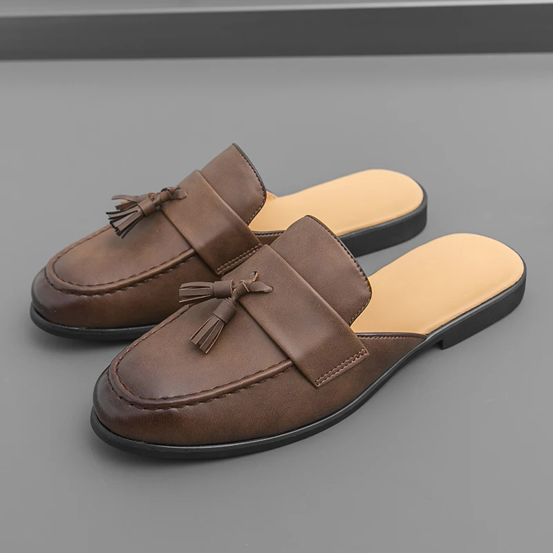 Summer Half Shoes For Men Dress Shoes Mules Man Slides Tassel Leather Casual Shoes Backless Loafers Slippers Flats Sandals 2026