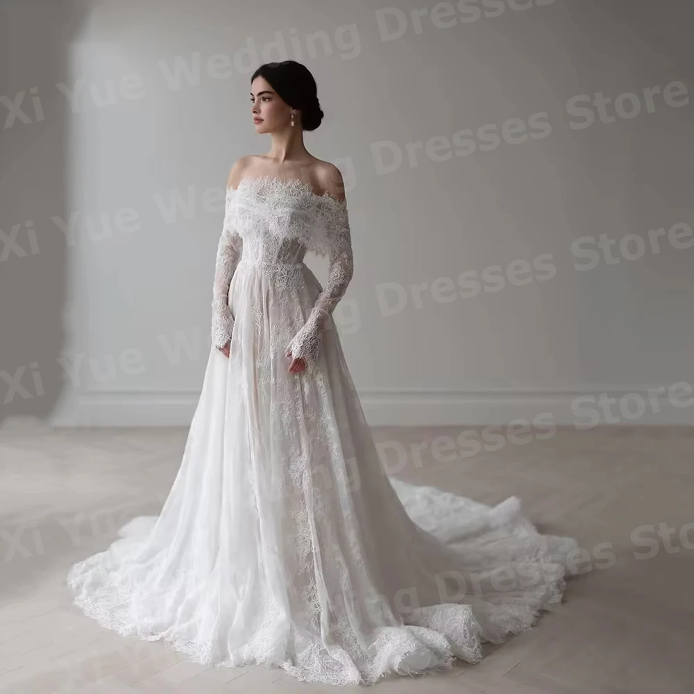Exquisito una línea De encaje para mujer vestidos De Novia con hombros descubiertos Vestido De Novia vestidos De Novia De manga larga bata personalizada De Mariée