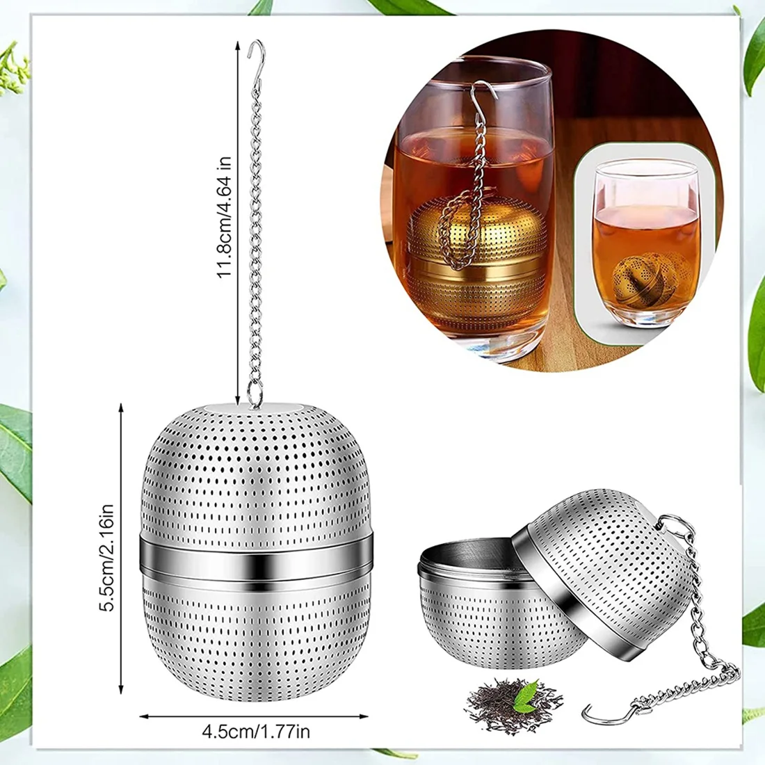 Infuser teh, saringan teh Stainless Steel, saringan teh jala bola, untuk teh, rempah-rempah dan sebagian besar cangkir dan teko