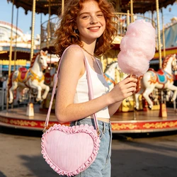 Ruffle Heart Shape Crossbody Bag Fashion Stripe Pink Bag Girl Seersucker Zipper Sling Bags For Women Outdoor Travel Mini Purse