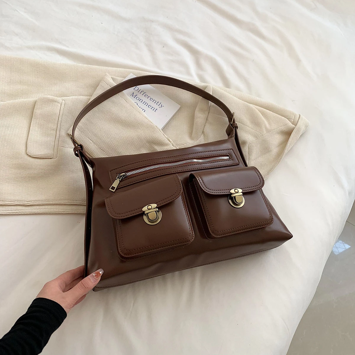 England Style Vintage Bags For Women Solid PU Leather Large Capacity Shoulder Bags 2023 New Preppy Style Messenger Bags