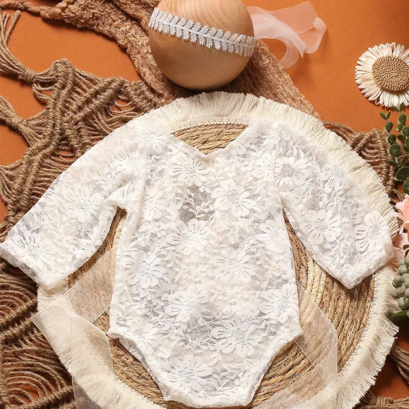 Newborn Wheat Ear Hair with Lace Bow Jumpsuit Two-piece Set for Female Baby Photography Clothing Set Newborn Photography Outfit