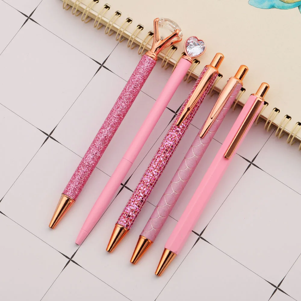 Lytwtw's Cute Pink Press Rhinestone Rotate Ballpoint Pen Luxury Kawaii Metal Stationery School Office Supplies 5 Pieces