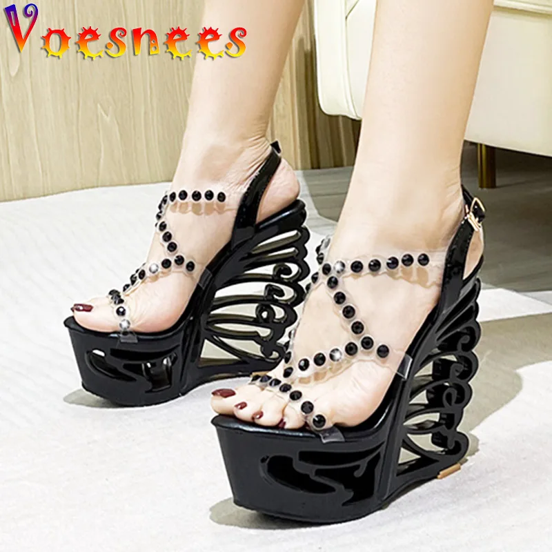 Voesnees Summer New Hollow Out Wedge Women\'s Pumps Shiny Sequins Fashion Party Shoes Club Heels Transparent Narrow Belt Sandals