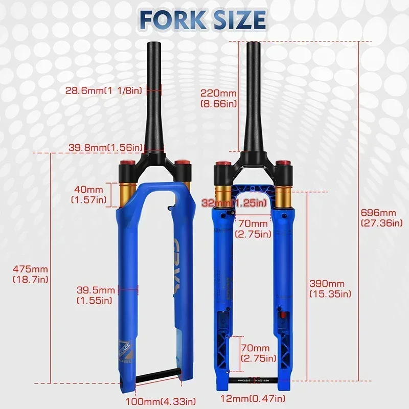 BUCKLOS 700C Bike Air Fork Gravel Road Bicycle Air Suspension Fork 12*100mm Travel 40mm Bike 700C Fork Tapered Tube Bicycle Part