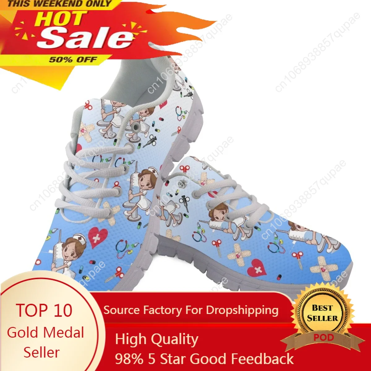 

Brand Design Custom Shoes Nursing Shoes for Women Cartoon Nurse Doctor Pattern Lace Up Outdoor Walk Sneaker Ladies Hospital Work