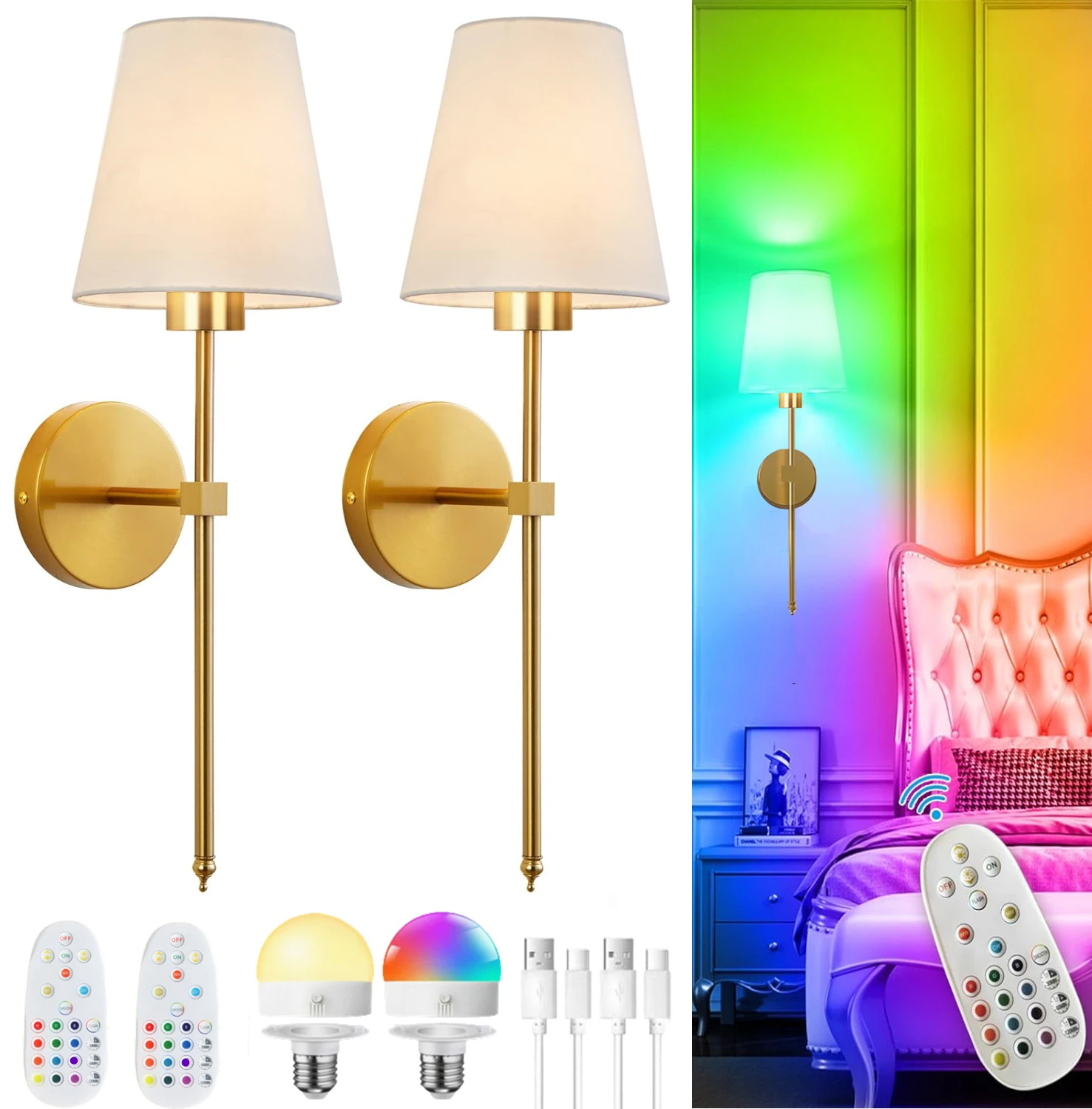 

Wireless, Rechargeable Battery-Powered Wall Light, Wireless Wall Light, Dimmable Bulb and Remote Control, Rechargeable 15-Color Wall Light, Suitable for Bedroom, Living Room, Hallway Decoration